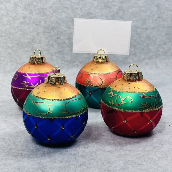 Ornament Place Card Holders Hand‎ Painted Glass with Glitter Set Of 4 Christmas - Picture 4 of 12